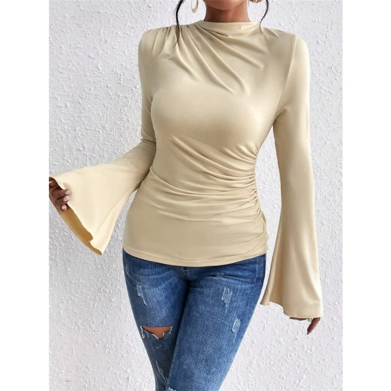New autumn winter fashion versatile pleated slim fit T-shirt elegant flared sleeve stand up collar women's solid color T-shirt