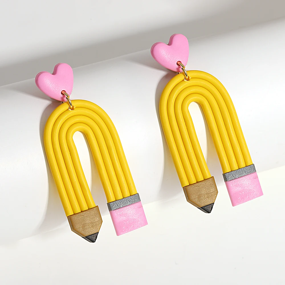 Lifefontier Handmade Yellow Stripe Pencil Shape Polymer Clay Drop Earrings For Women Creative Geometric Charms Earring Jewelry