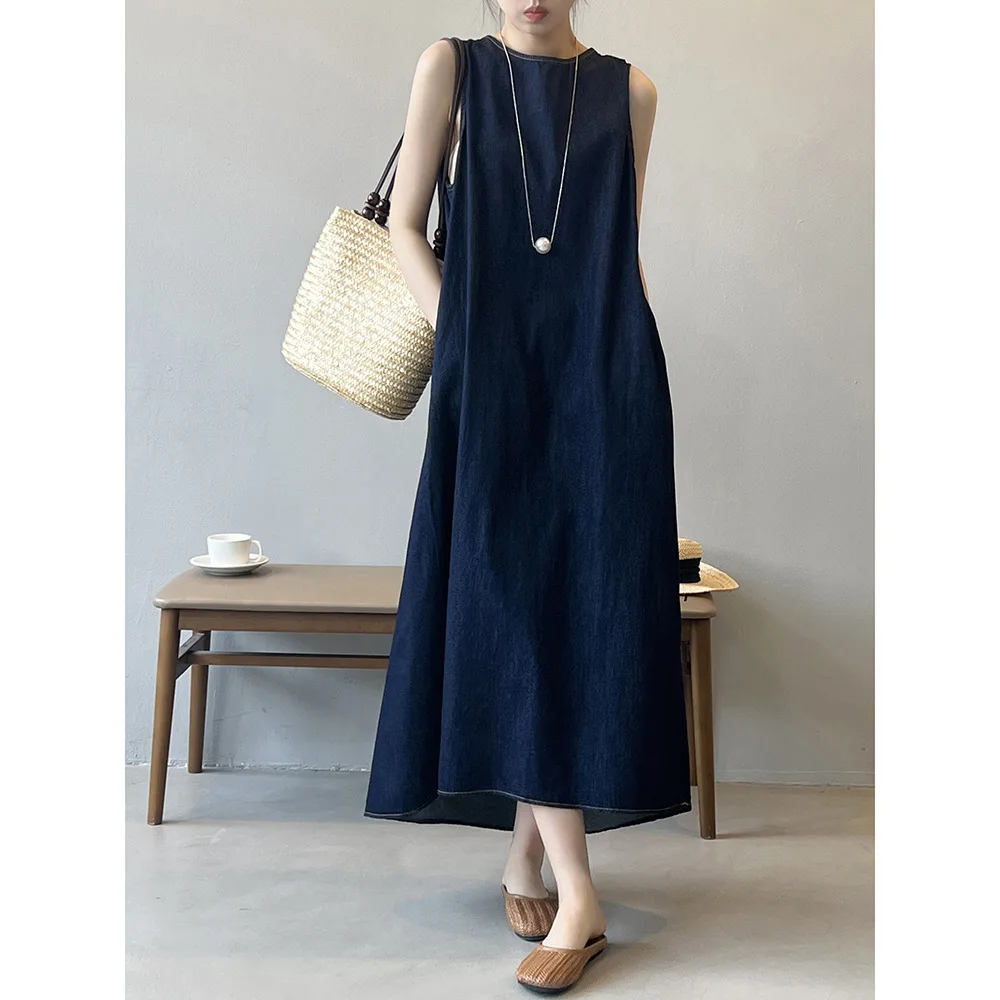 Round Necked Sleeveless Denim Tank Top Dress 2024 Summer New Loose Waisted Long Skirt