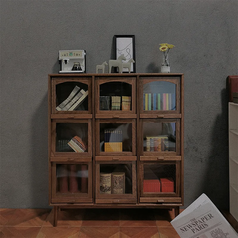 

1:12 Miniaturized 9-grid Storage Cabinet Model Doll House Accessories Retro Wabi-Sabi Style Wooden Furniture Cupboard Toys
