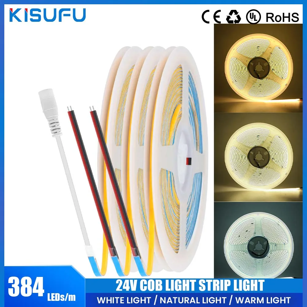 COB LED Strip Light 384LEDs/m Ultra Thin 3mm Width DC 12V 24V COB Tape Light High Density Linear Dimmable Flexible DC 2PIN Line