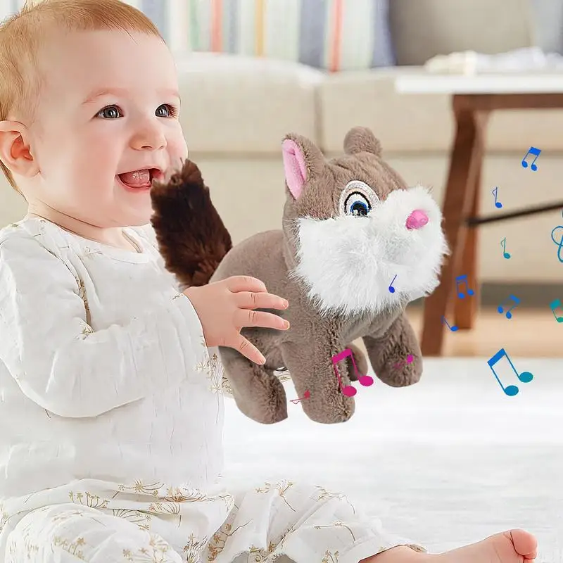 Ardilla de peluche para caminar, juguetes de peluche eléctricos para niños y adolescentes, muñecos reconfortantes interactivos suaves