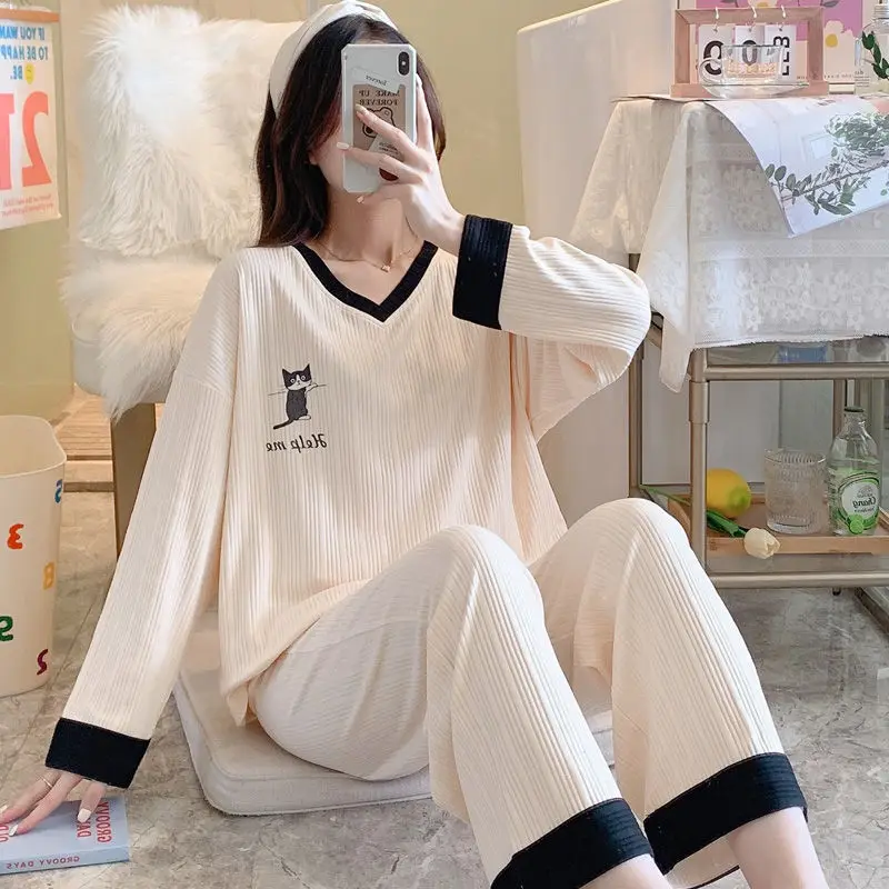 Baju tidur katun wanita, Set piyama lengan panjang, baju Pullover Kawaii musim semi, musim gugur, Set celana rumah Korea, baru