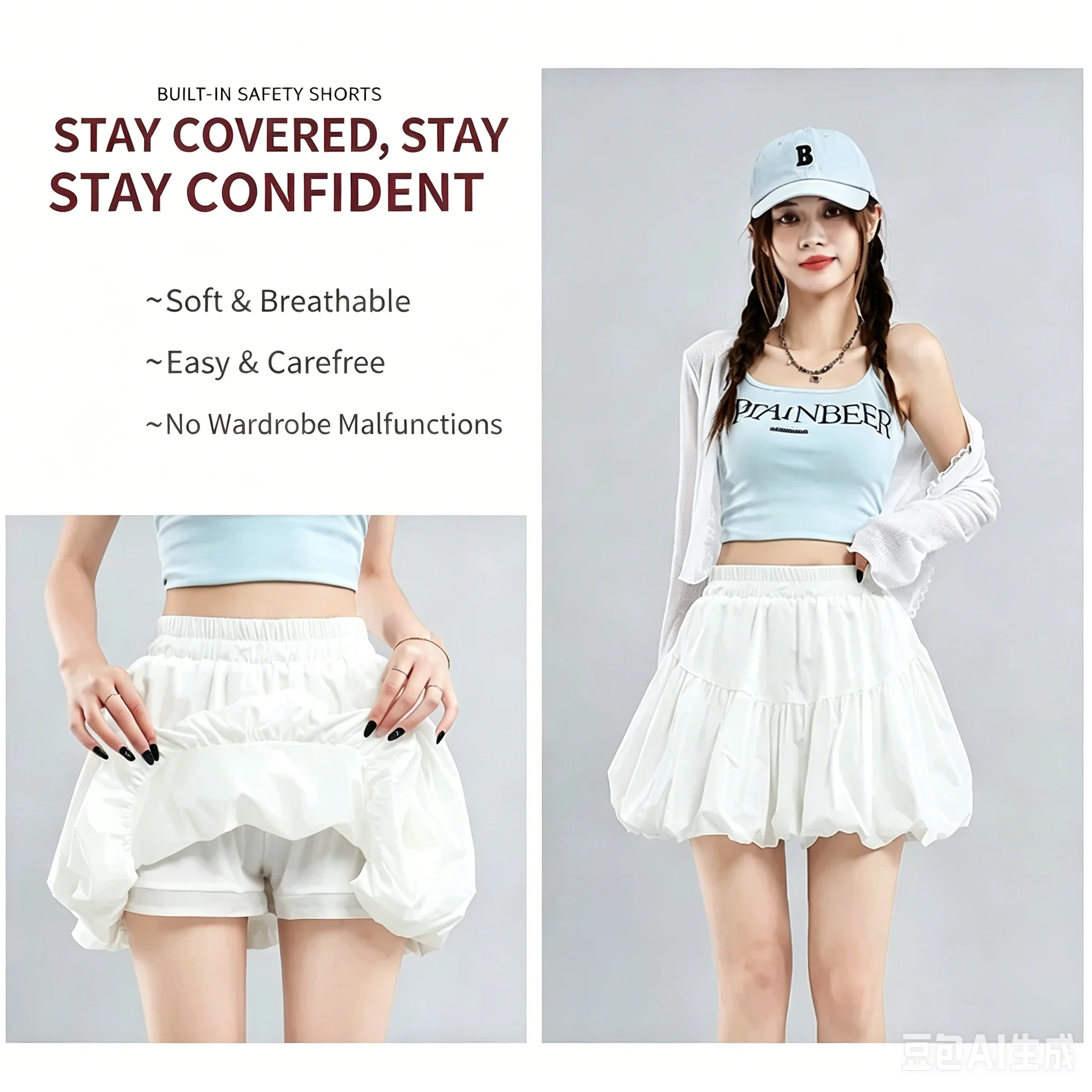 Women White Puffball Bubble Mini Skirt High Waist Built-in Safety Shorts Y2K Cute Sweet Summer Casual Short Skirt Female