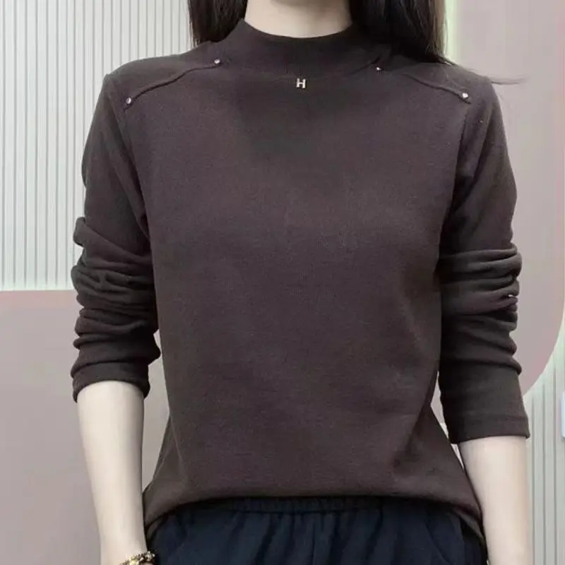 

Long-sleeved Tops For Women Korean Style Round Neck Autumn Winter Bottoming Shirts Solid Pullover Half Turtleneck Casual Tops