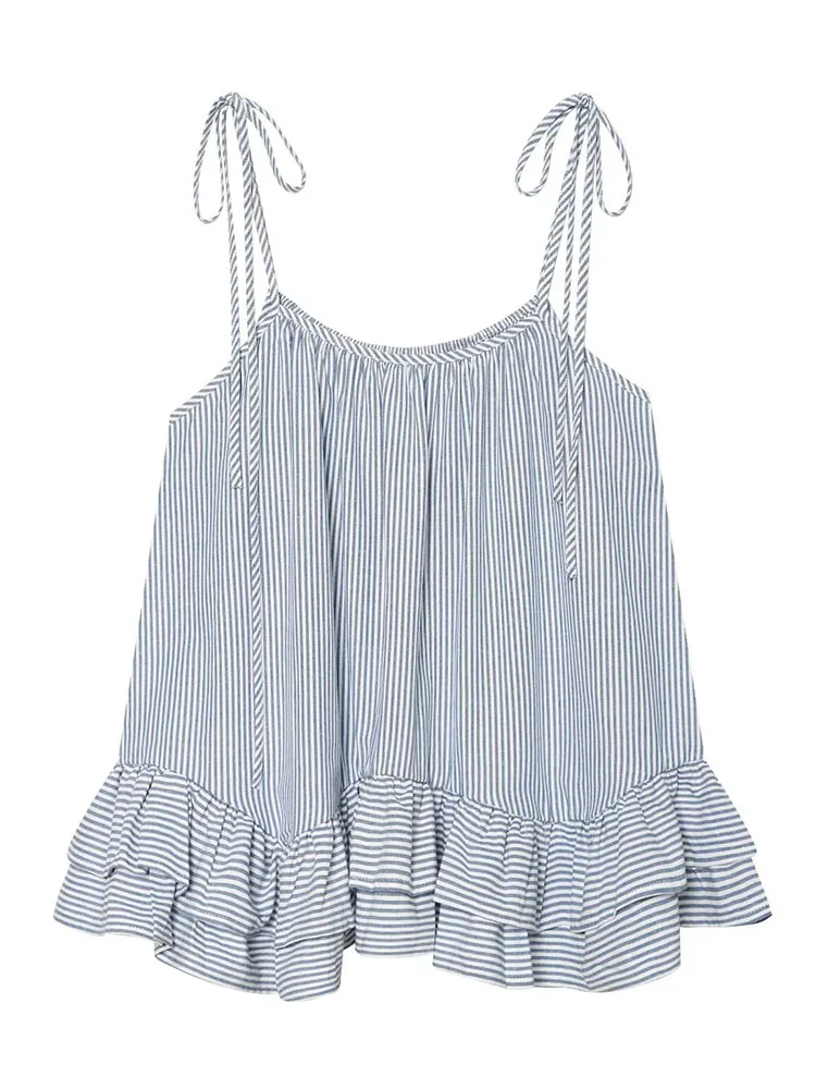 HH Women Spring Summer Elegant Blue White Striped Tie Shoulder Cami Top Ruffle Hem Flowy For Dinner Date Party Cocktail Wear