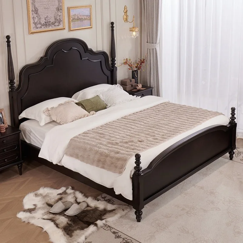 Medieval solid wood double bed American minimalist Roman pillar bed black premium French