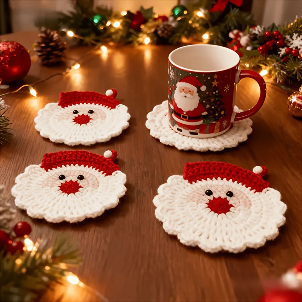 Christmas Santa Coasters Handmade Crochet Mug Mats Set Holiday Table Decoration Gift for Her Christmas Decorations for Home