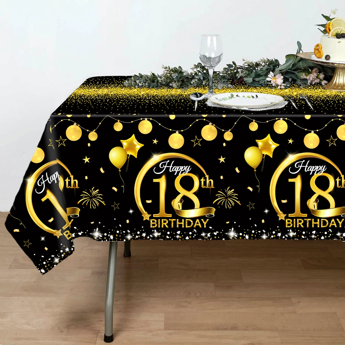 220*130cm Black Gold Happy Birthday Tablecloths 18th Birthday party Decorations Kids Adults Birthday Party Supplies Baby Shower