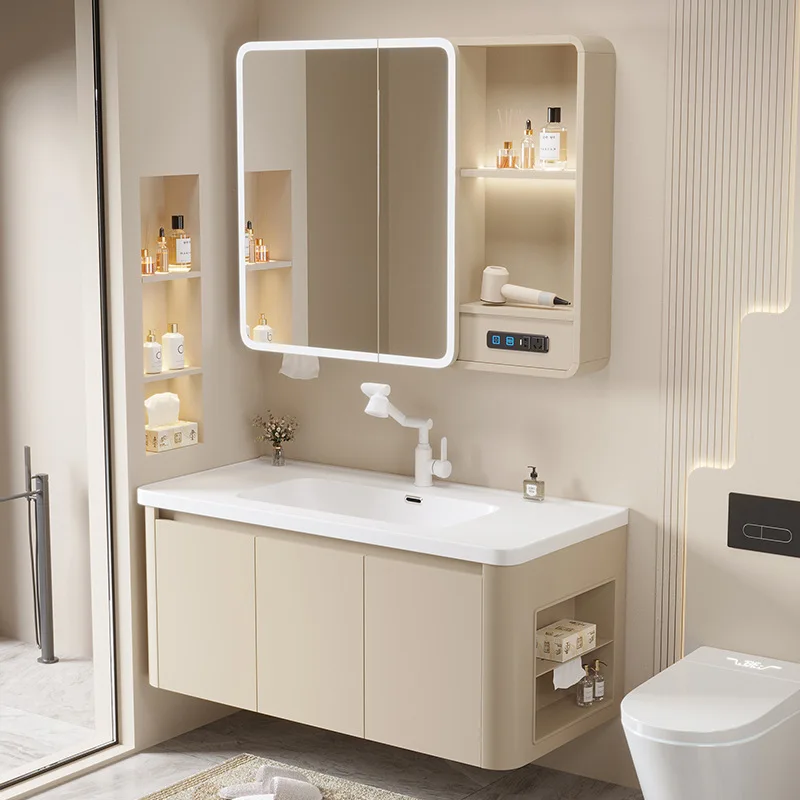 

Bathroom cabinet ceramic integrated basin honeycomb aluminum strip side cabinet arc bathroom cabinet wash basin wash face