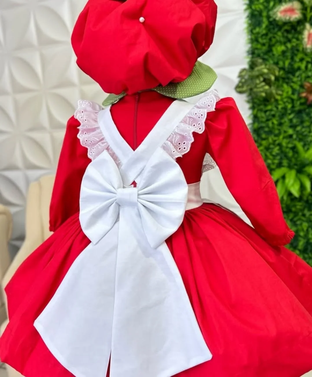 Autumn Baby Girl Strawberry 2PCS Outfit Set Red Long Sleeve Vintage Dress for Christmas Birthday Party Holiday Photography C392