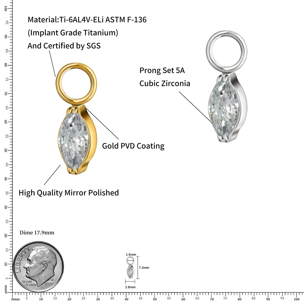 Right Grand ASTM F136 Titanium Cubic Zirconia Marquise Charm for Lobe Hoop Huggie Earrings