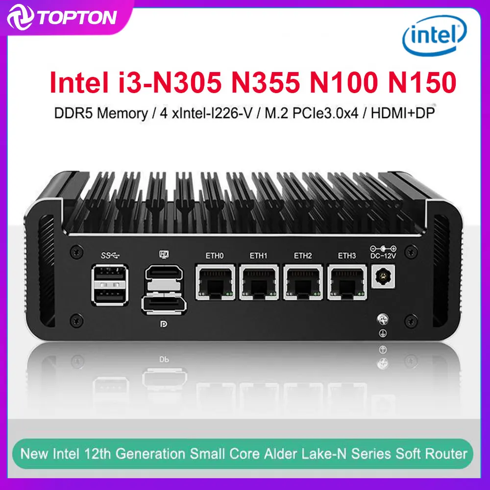 Topton Solid Firewall Intel i3 N355 N305 8 Core 4xi226-V 2.5G Mini PC N150 N100 DDR5 2xNVMe Fanless Soft Router Proxmox Server