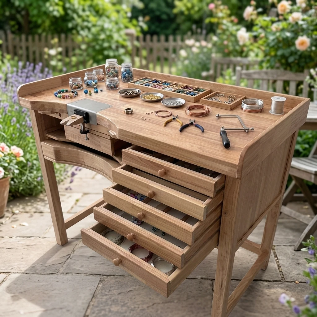 Solid Wood Workbench with Drawers and Bearing for Jewelry Arts & Crafts Woodworking Workshop-New