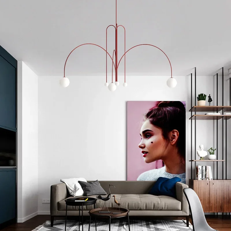 Imagem -03 - Postmodern Geometric Line Led Chandelier Lights Red Glass Ball Pendurado Lâmpada Creative Living Room Dining Arch Pendurar Lâmpadas Luminária