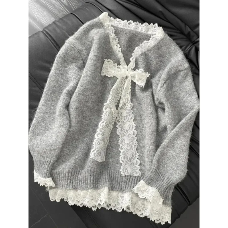 

Y2K Korean Thin Bow Knitted Pullover Female Sweet Lace Japanese Loose Sweater Office Lady Autumn Winter Oversized Y2k Outfits