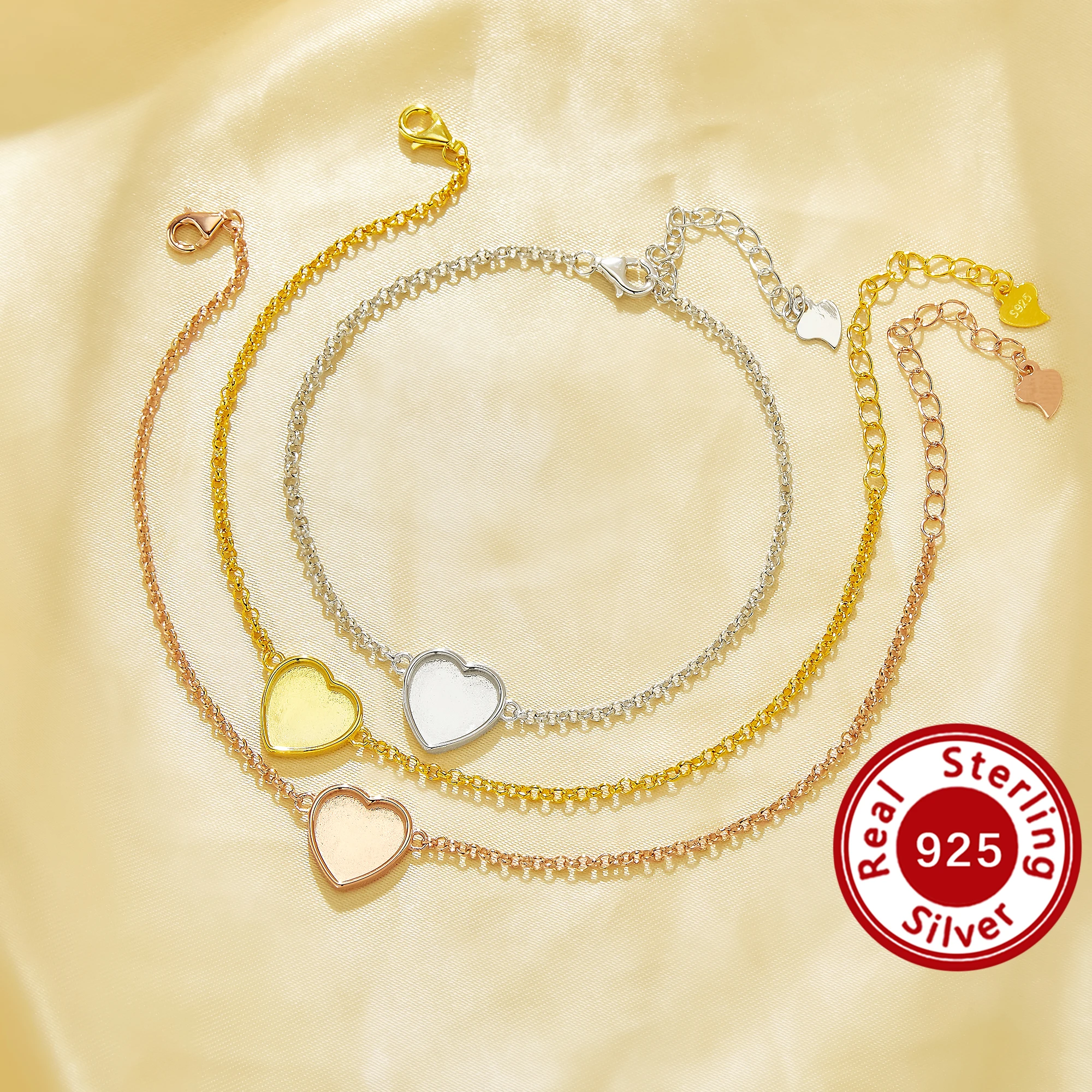 

10 мм набор браслета из смолы в форме сердца на память, цельный браслет из стерлингового серебра 925 пробы с позолотой 7,2 дюйма + 2 дюйма 1900318