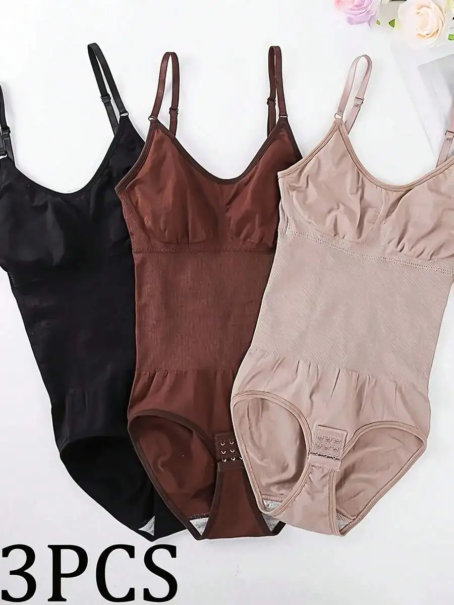 3-Pack Women's Seamless Shapewear Bodysuit - High Compression, Butt Lifting And Tummy Control, Breathable Stretch Fabric, Solid