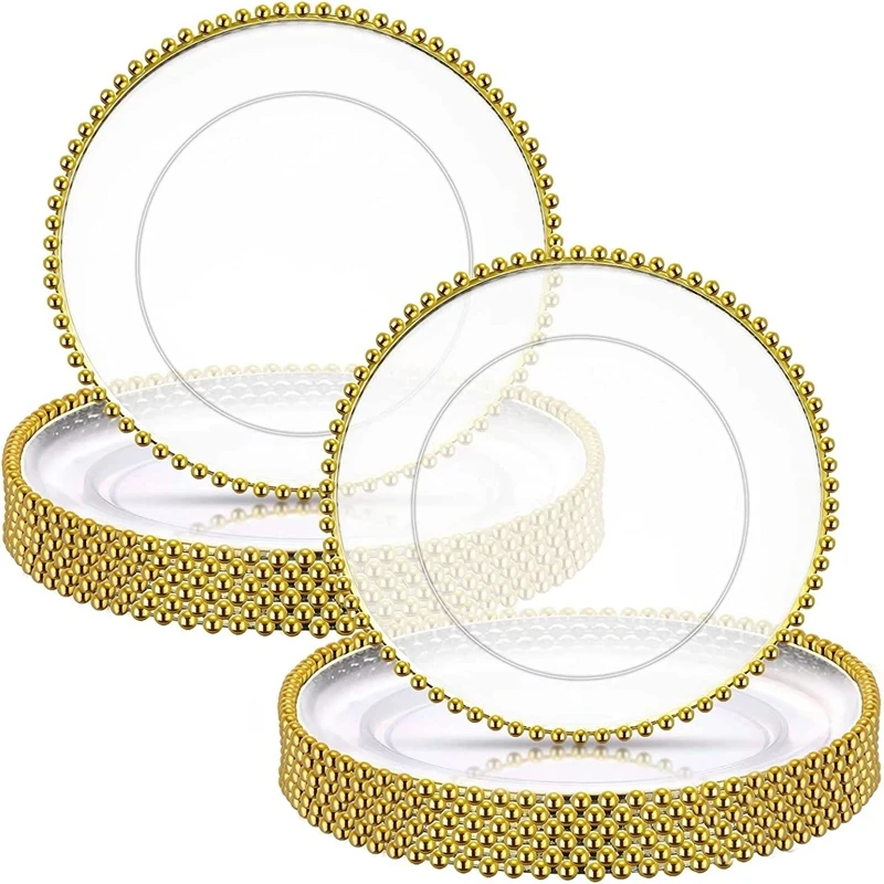 Diameter 13 Inches Clear Charger Plate with Gold Beads Rim Acrylic Plastic Decorative Dinner Serving Wedding Xmas Party Decor