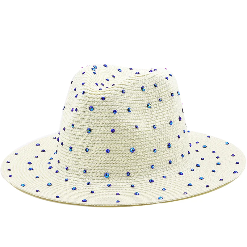 Luxury diamond Panama Soft Shaped Straw Hat Summer Women Wide Brim Beach Sun Cap UV Protection Girl Fedora Hat