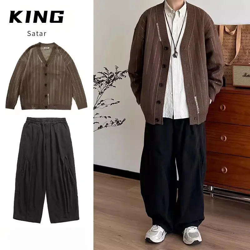 

Свободный повседневный мужской открытый кардиган с v-образным вырезом, свитер в вертикальную полоску, осенний длинный свитер из смеси полиэстера, удобный винтажный комплект