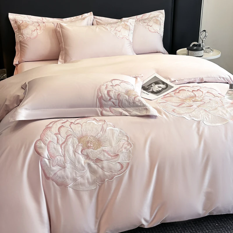 100% Cotton Luxury Blooming Flowers Embroidery Bedding Set Queen King Size Duvet Cover Flat/Fitted Bed Sheet Pillowcases 4Pcs