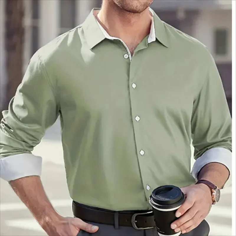 

2024 New Men's Shirt Long Sleeve Casual Business Solid Color Collar Pocket Daily Beach Vacation Comfortable Top