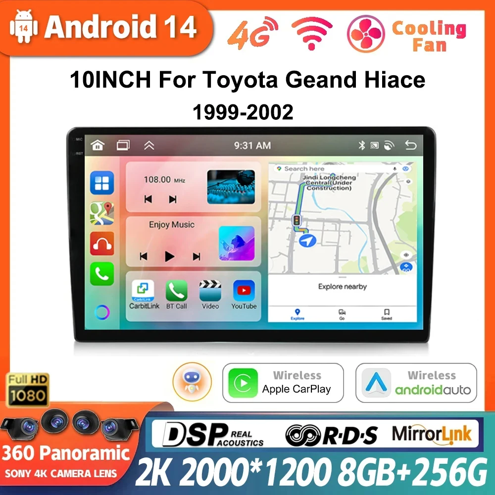 10 Inch Android 14 For Toyota Geand Hiace 1999-2002 Car Multimedia Player Auto Navigation Stereo Head Unit WIFI WIreless Carplay