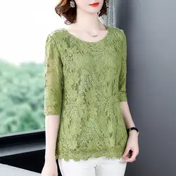 Simplicity Elegant Summer New Solid Women's O-Neck Lace Patchwork Temperament Versatile Loose Three Quarter Chiffon Shirt Tops