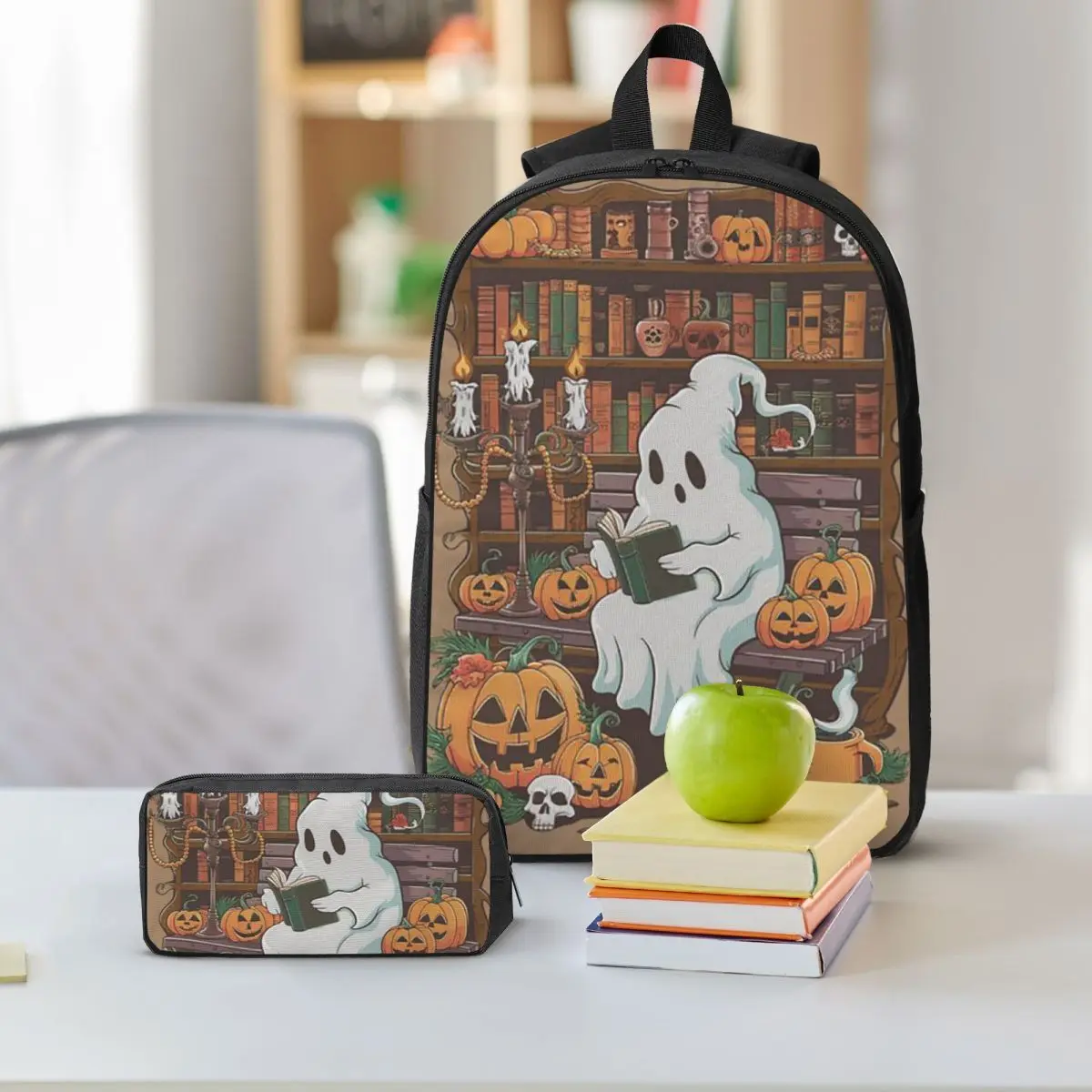 Cute Ghost Reading Books Design Backpack Student BookBag School Bag Shoulder Bags 3ps Insulated Lunch Bag Pencil Case