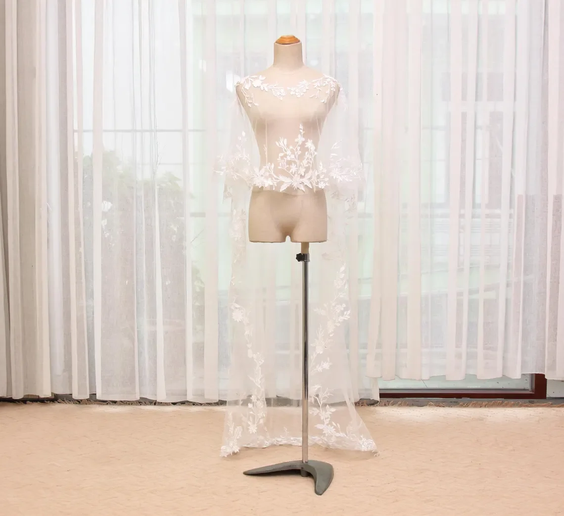Customized Modern Floral Lace Embroidered Bridal Cape Off White Boho Tulle Wedding Overlay Floral Bride Shawl Cape Veil