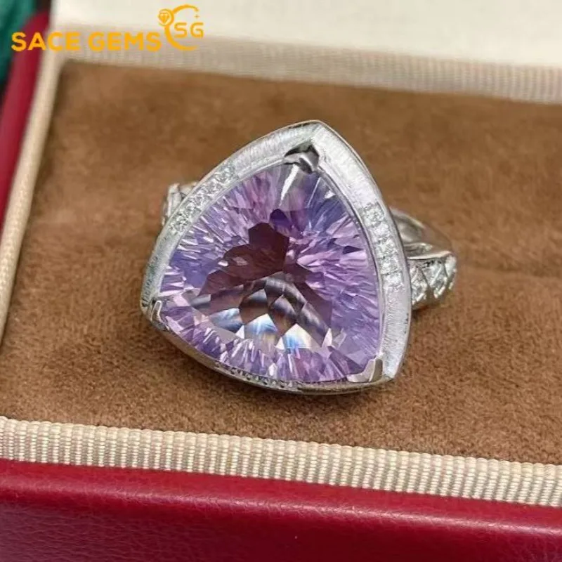 

SACE GEMS New Certified 16MM Natual Lavender Crystal Rings for Women 925Sterling Silver Wedding Party Fine Jewelry Festival