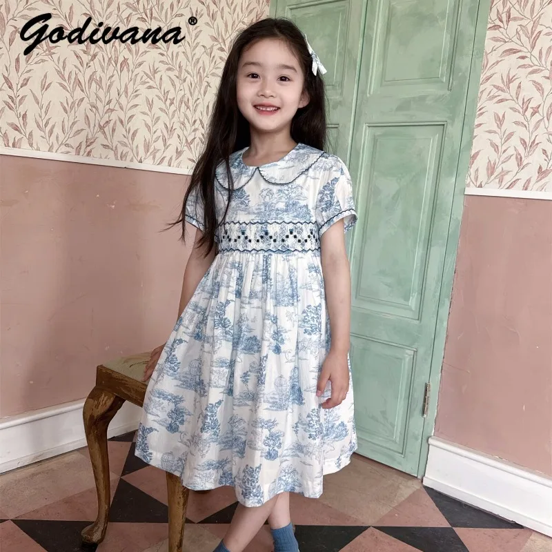 Sweet Girls 2026 New Summer Cotton Vintage Dress Blue Print Handmade Embroidery Ruched Puff Short-sleeve Peter Pan Collar Dress