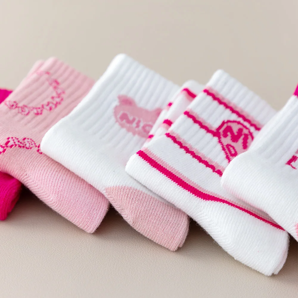 여아용 봄 여름 아동 양말 5켤레, 핑크 하트 스트라이프 귀여운 캐주얼 양말