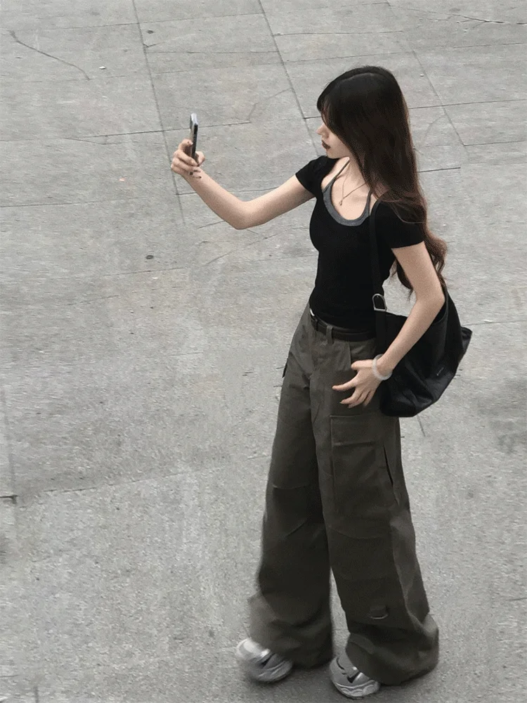 American Sle Women's ort Sve T-irt Ne Hanging Splice Pure Color Waist Inward ort Length Top Summer Simple Design