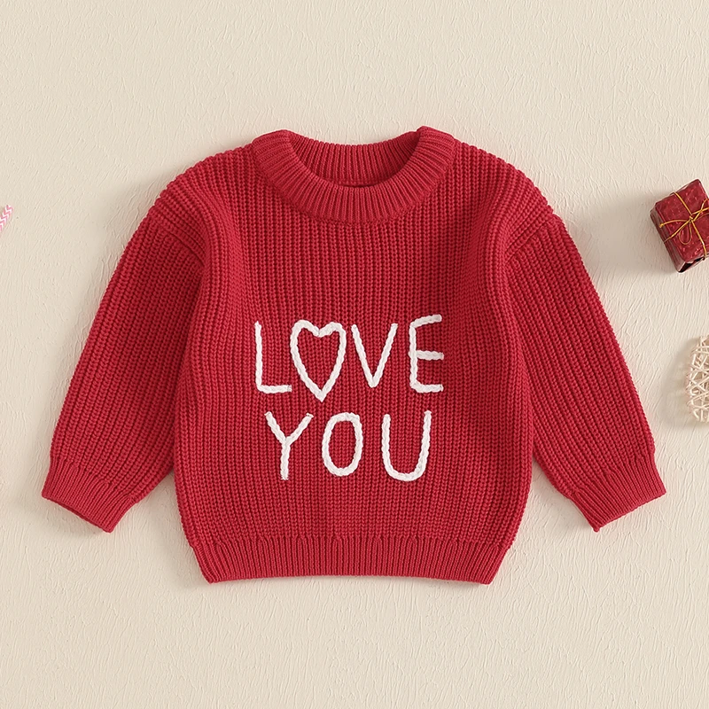 Kids Girls Sweater Long Sleeve Crew Neck Letters Warm Winter Sweater Valentine’s Day Pullover Tops for 1-4 Years