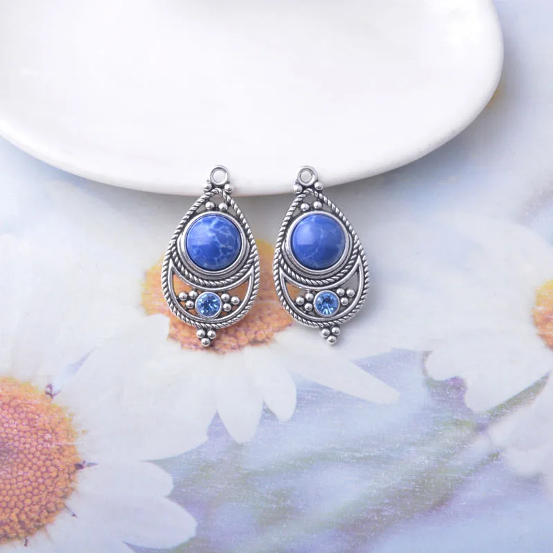 10 Stück Böhmischer Stil Antik Silberfarbene Stein- und Acryl-Anhänger Zinkmetall-Ohrringe Anhänger Zubehör DIY Damenschmuck – Detail 5