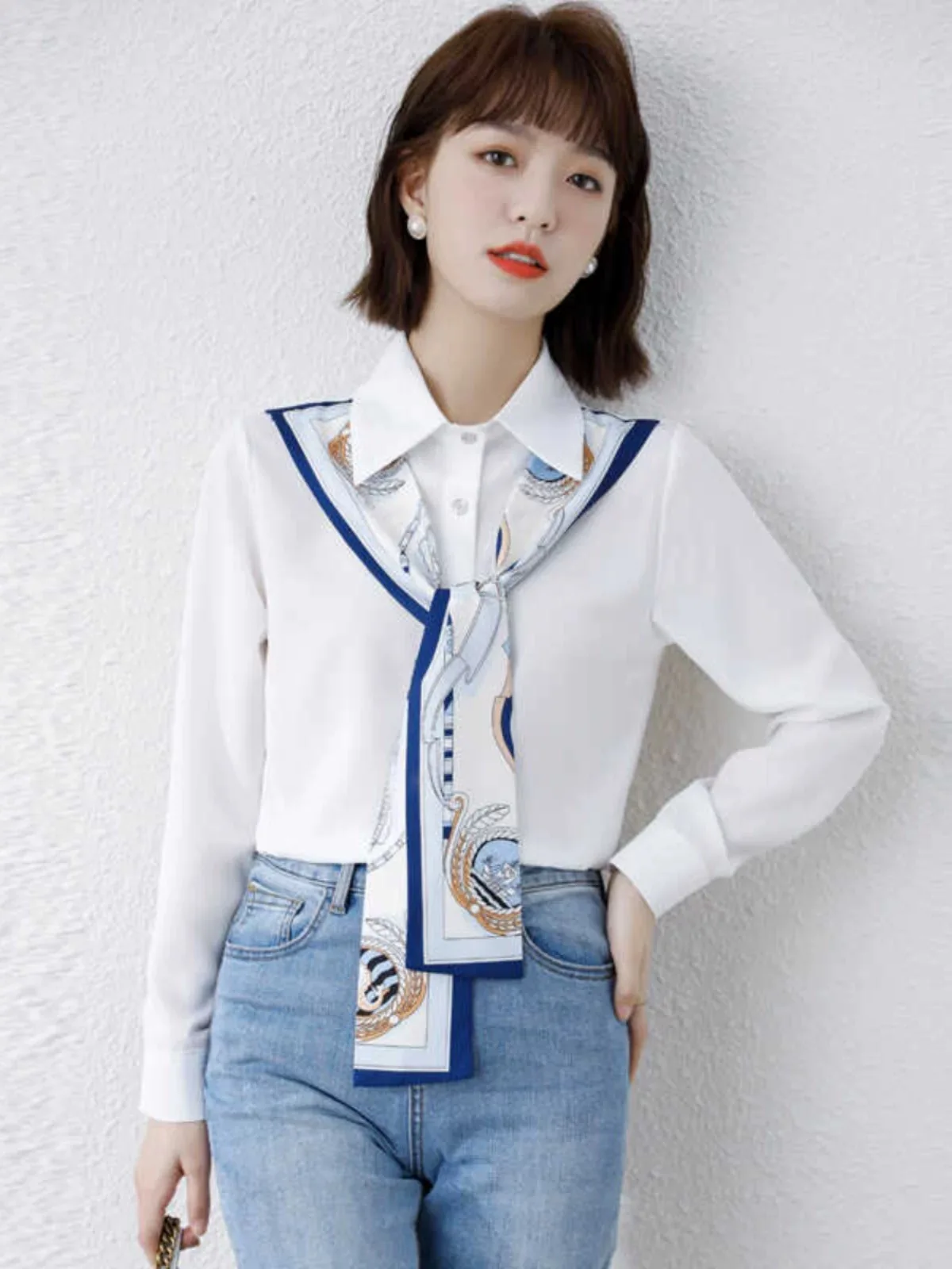 

OL Business Lady Office Shirts Formal Design Ribbon Trendy Tops Long Sleeve Women Autumn Blouse Casual Daily Shawl Scarf Tops