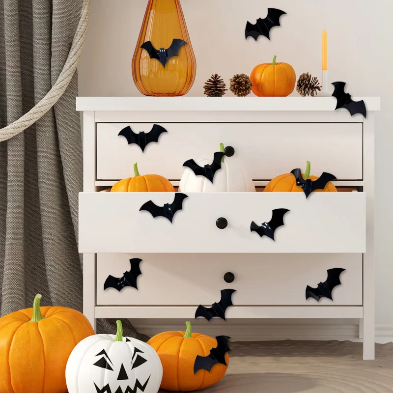 12 قطعة من ملصقات الحائط المزخرفة على شكل جمجمة الخفافيش ثلاثية الأبعاد للهالوين لتزيين غرفة النوم وغرفة المعيشة وخلفية الجدار