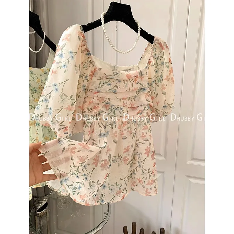 Blouses Women Temperament Trendy Top Square Collar Friends Folds Floral Shirt Summer All-match Chiffon Top