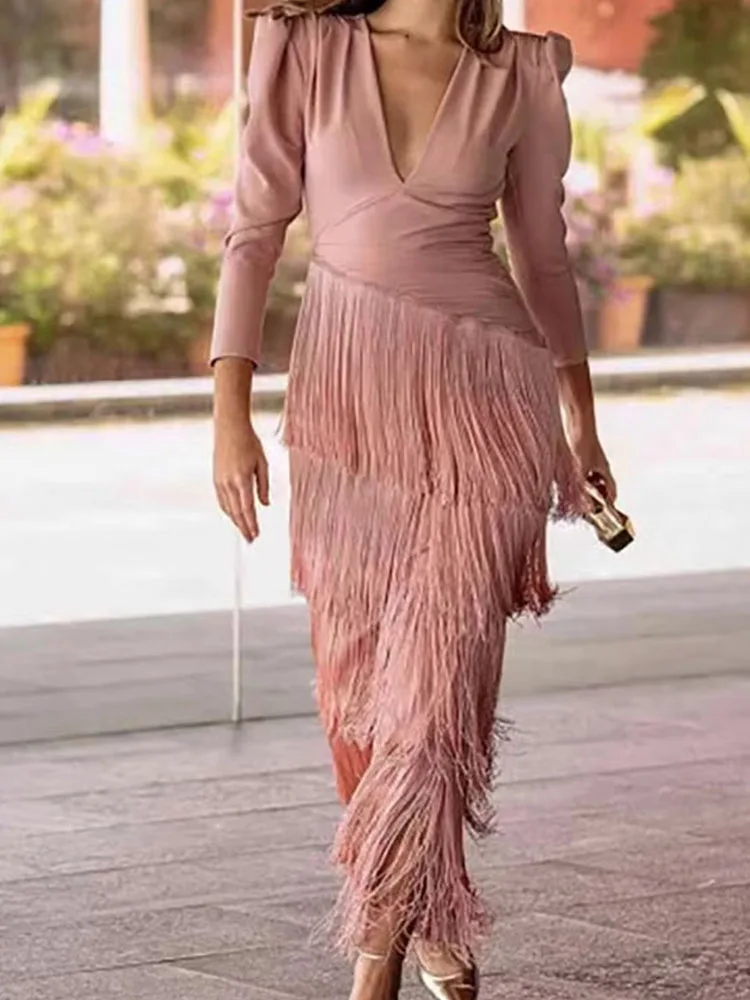 Moda cintura alta magro vestido de festa feminino elegante em camadas borla sólido vestido longo 2025 sexy profundo decote em v sem mangas a linha vestido