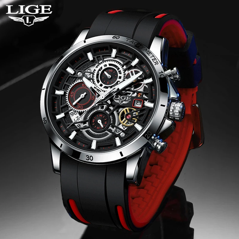 LIGE Men Watch Fashion Business Watches Mens Hollow out Chronograph Wristwatch Sport Waterproof Watch for Men Relogio Masculino