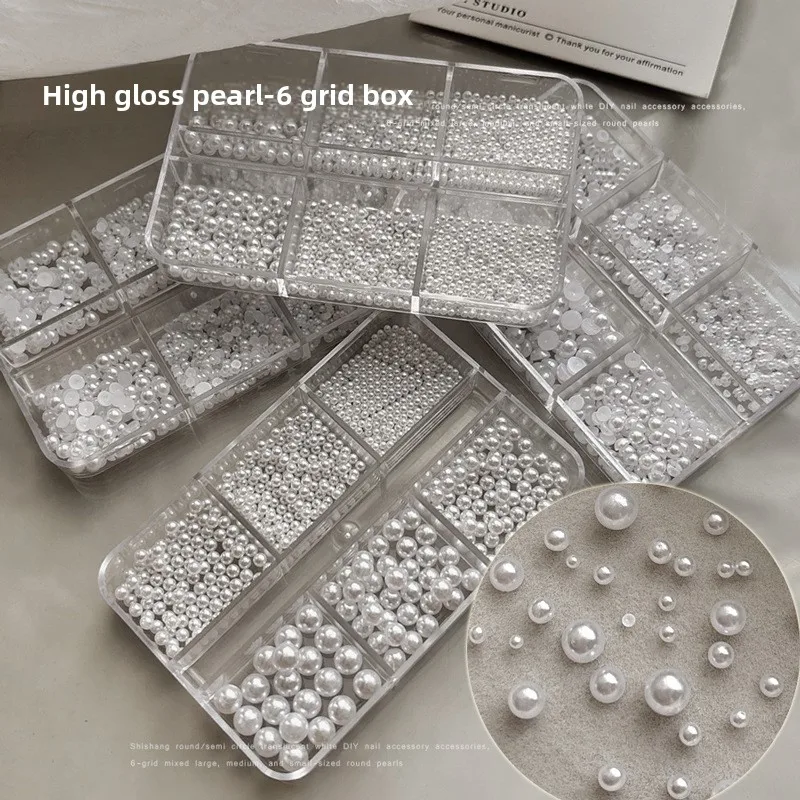 High Gloss White Pearl Nail Decorations Mixed Sizes Flatback Half Round Imitation Pearl Kit for DIY Nail Art Accessories