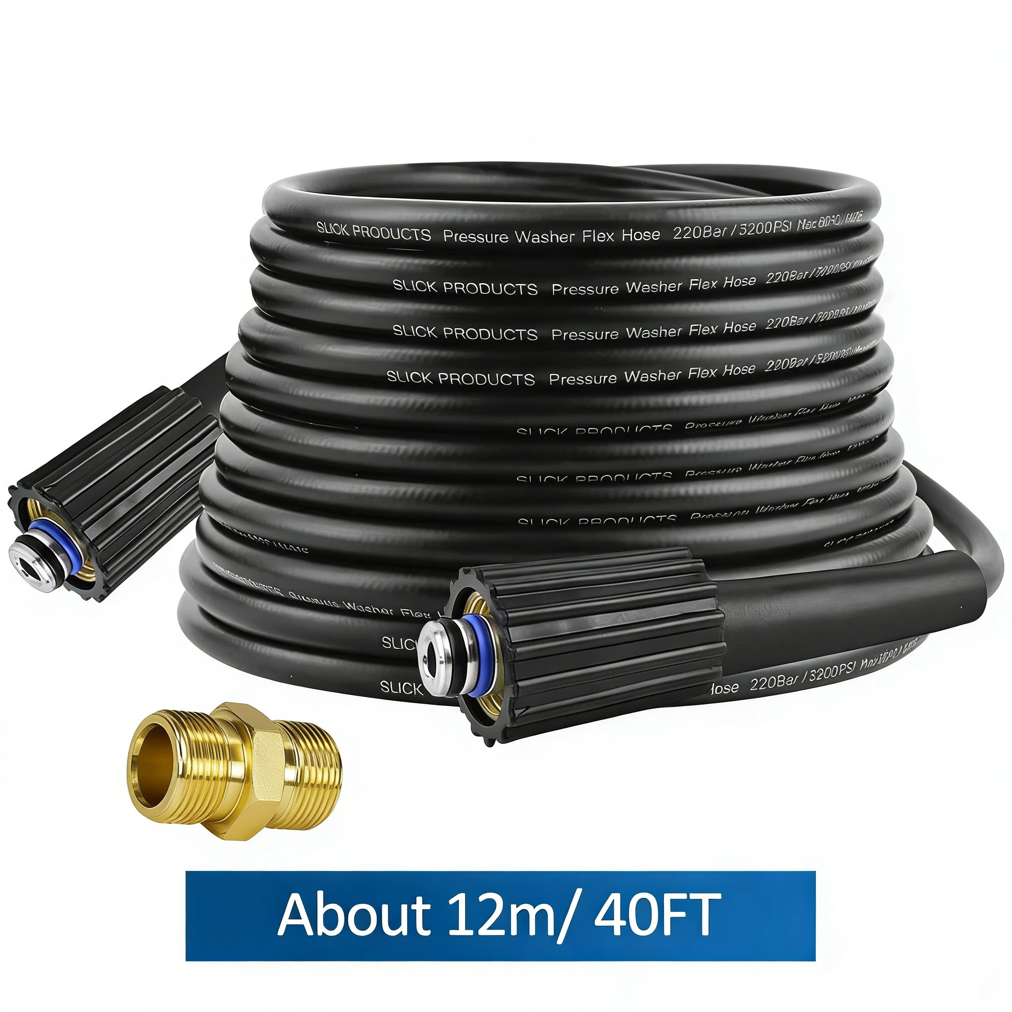 12m 40ft * 220bar 3200psi Soft & Flexible Pressure Washer Hose Extension Hose with M22 Twist Nut & Extension Connector