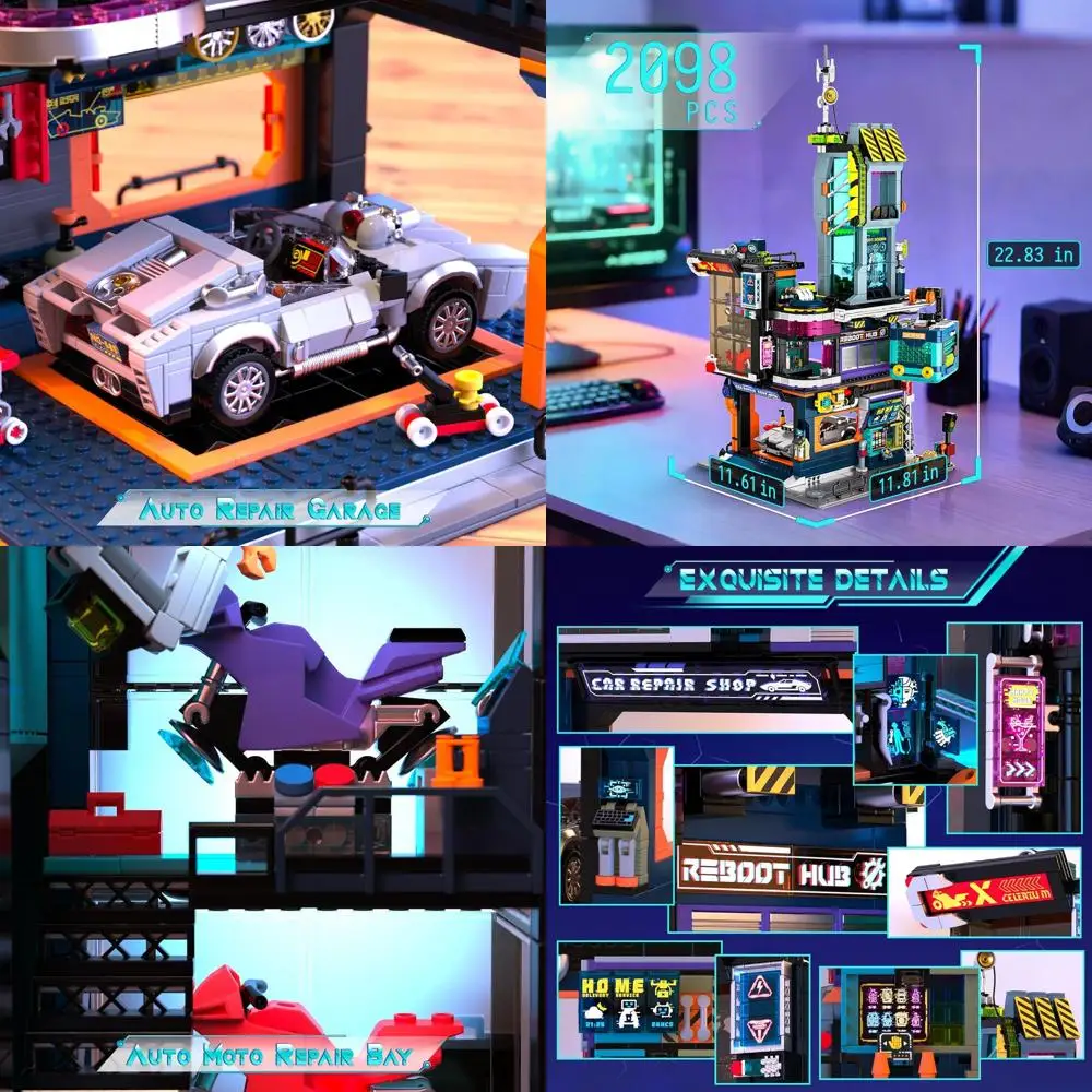 Paisaje urbano futurista Cyberpunk con kit de construcción de garaje de reparación y coche deportivo LED de 2098 piezas para adultos y adolescentes