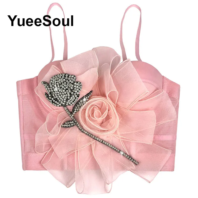 Pink Women Corset Tops 2026 Sequined Flowers Diamond Sexy Crop Tops 2000s Y2K Aesthetic Sweet Cute Party Bustier Woman Clothing view 5