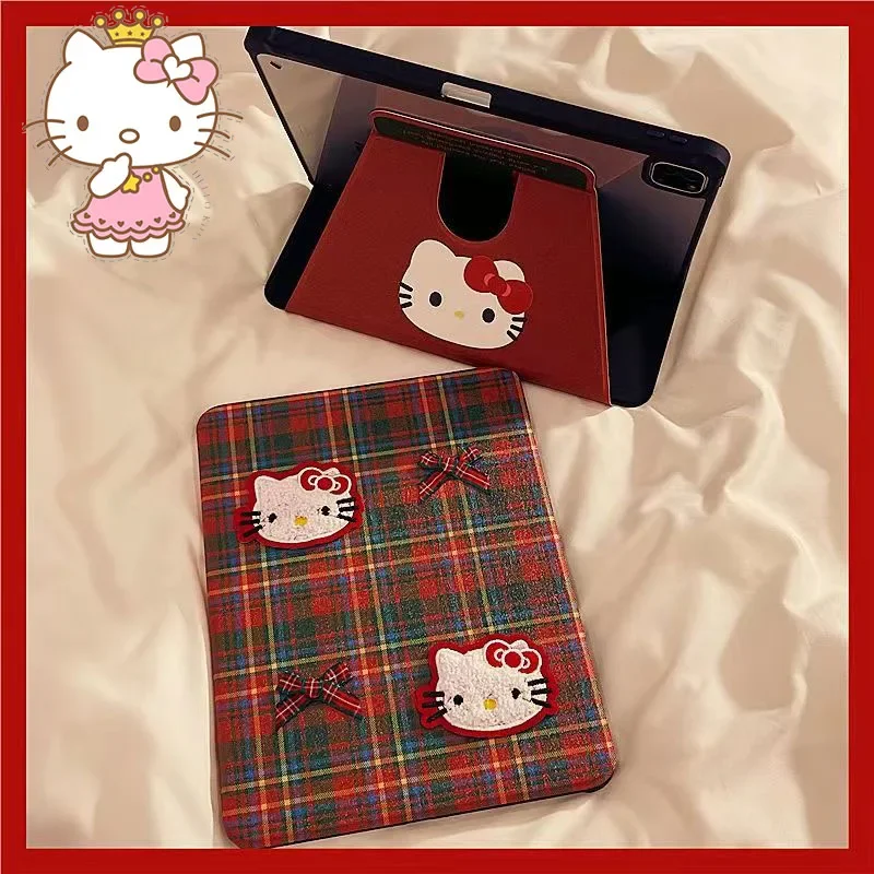 Sanrio Anime Hello Kitty Ipad Case 10 Air 1 2 3 4 5 Plaid Embroidery KT Cat Cartoon Cute Rotate Acrylic Protect Shell Gift Toys