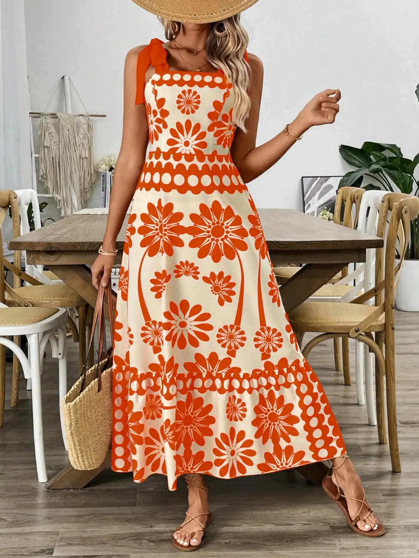 Damen-Maxikleid in Orange mit Blumenmuster, Schleife an der Schulter, quadratischem Ausschnitt, gerafftem Oberteil, A-Linie, fließend, für Sommerurlaub und Strand – Detail 2