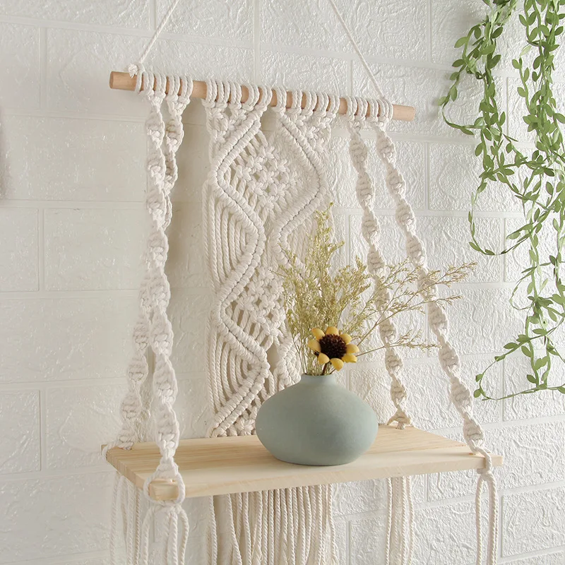 Hand-woven Wall Hanging Shelf Macrame Tapestry Cotton Rope Bohemian Style Perfect for Hotels Home Bedroom Living Room Storage