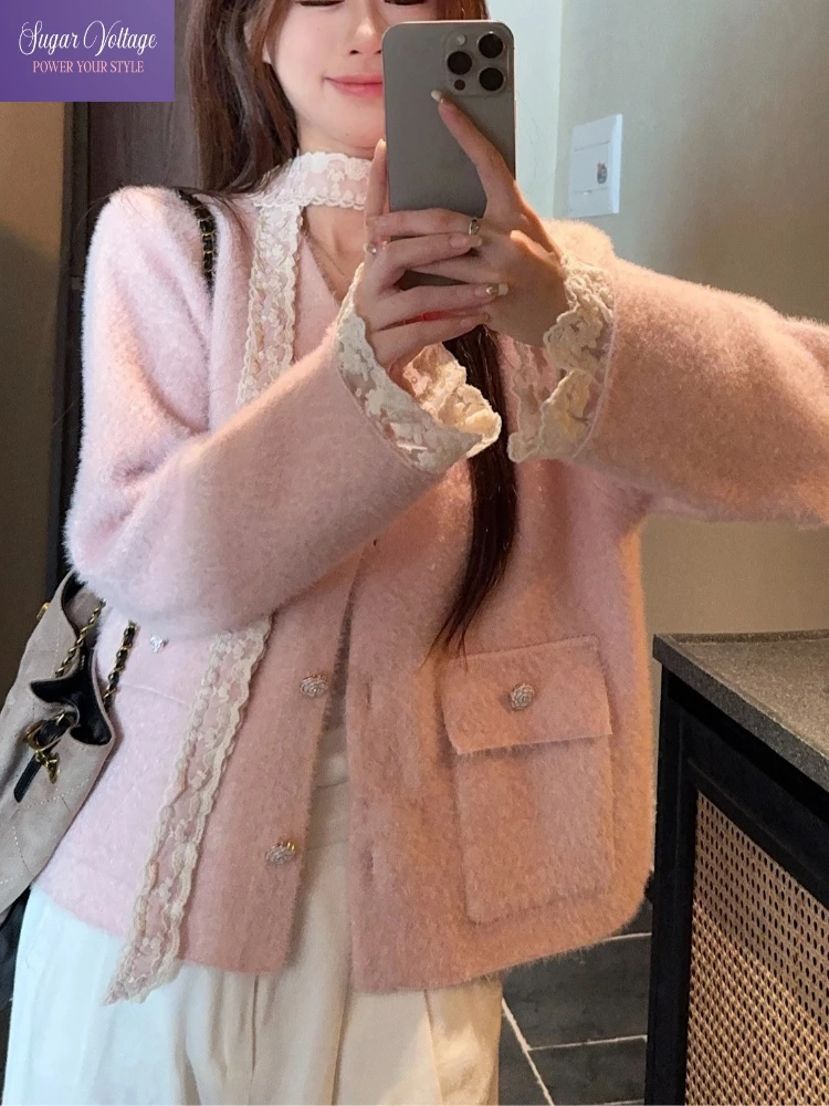 Sweet Pink Cardigan Jacket Women Autumn Loose Fit Long Sleeve Lace Trim Button Up Coat Elegant Soft Casual Retro Chic Outfit